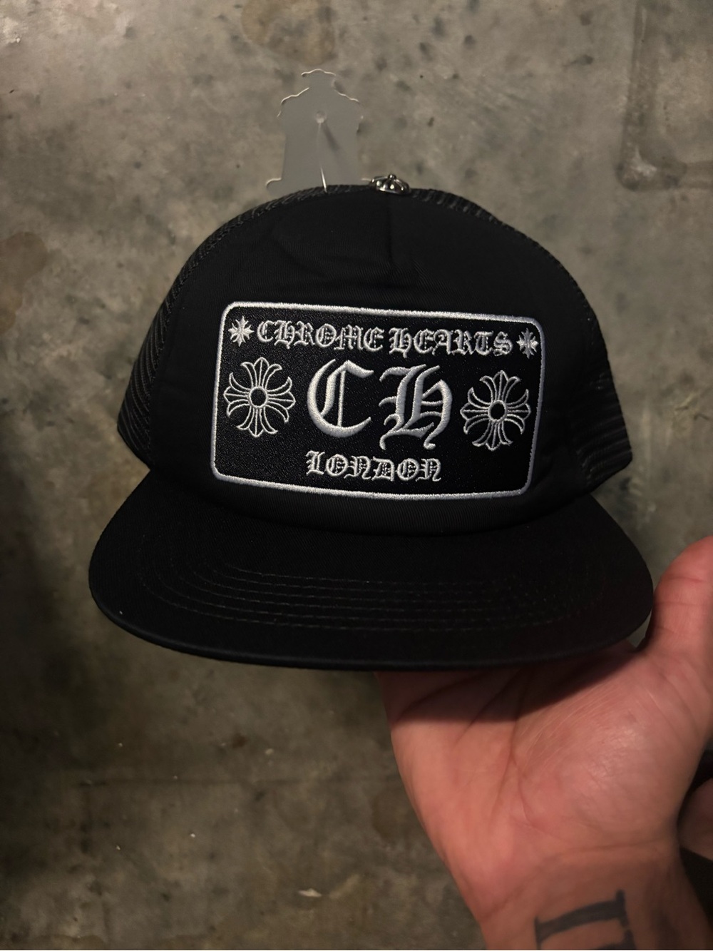 Chrome Hearts Black Patch Trucker Hat with White Embroidery